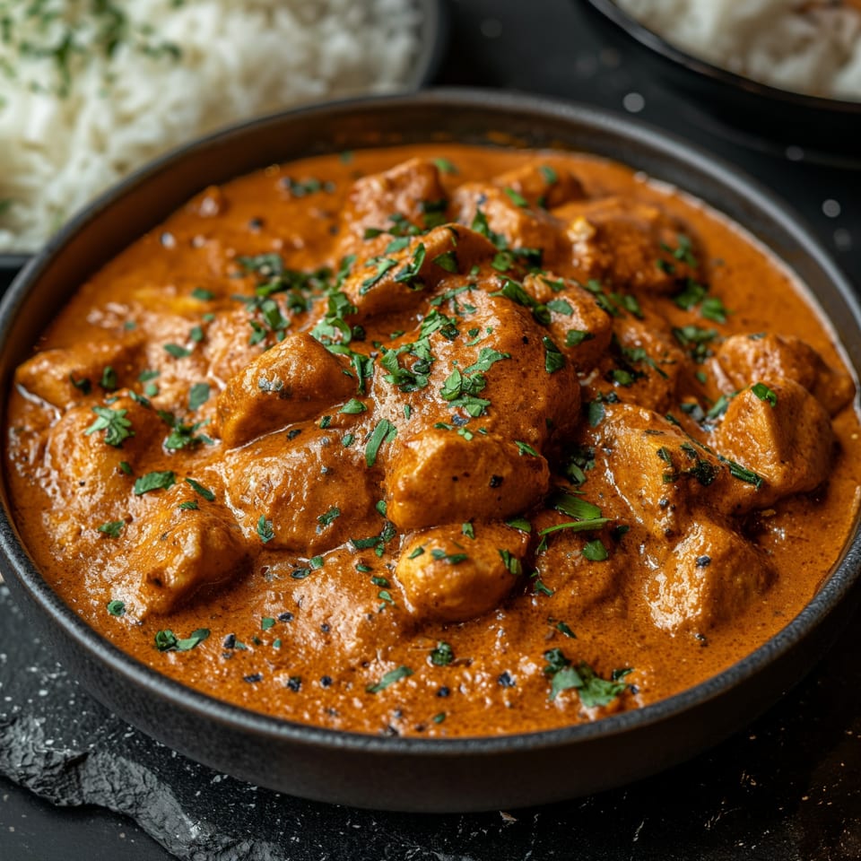 A close-up of Red Chillez Indian Cuisine's butter chicken, garnished with fresh cilantro, served with rice.