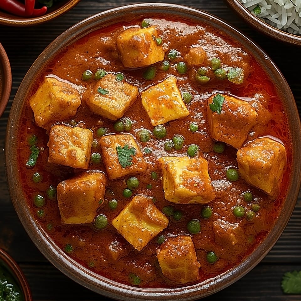 Close-up of a bowl of Indian paneer curry with peas and cilantro, served at Red Chillez.
