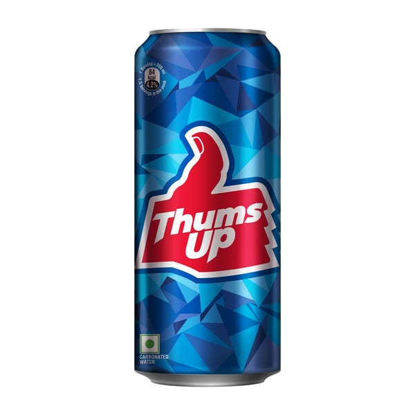 A blue Thums Up soda can with a red thumbs-up logo and geometric patterns.